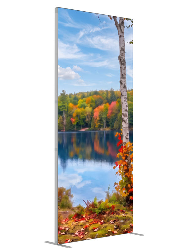 Calm autumn lake mirrored between white birch trunks and colorful forest, 3ft photography backdrop panel for Denny StudioEdge silicone edge frame, angled view
