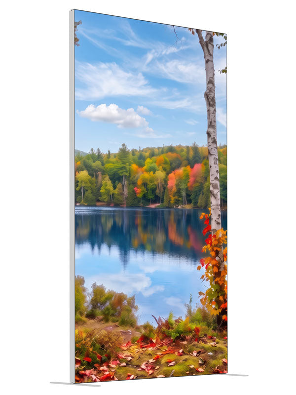 Calm autumn lake mirrored between white birch trunks and colorful forest, 4ft photography backdrop panel for Denny StudioEdge silicone edge frame, angled view