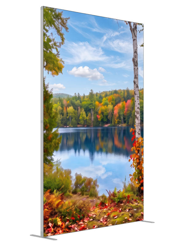 Calm autumn lake mirrored between white birch trunks and colorful forest, 5ft photography backdrop panel for Denny StudioEdge silicone edge frame, angled view