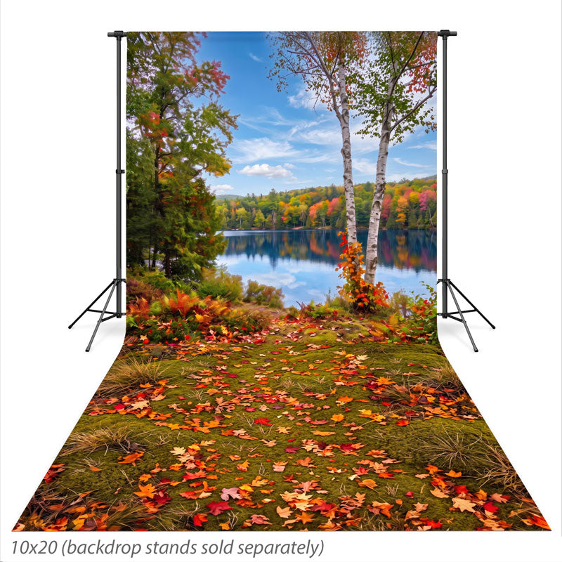 Birch Cove Autumn Lake Birch Reflection photography backdrop shown extending down onto the studio floor CP-9037