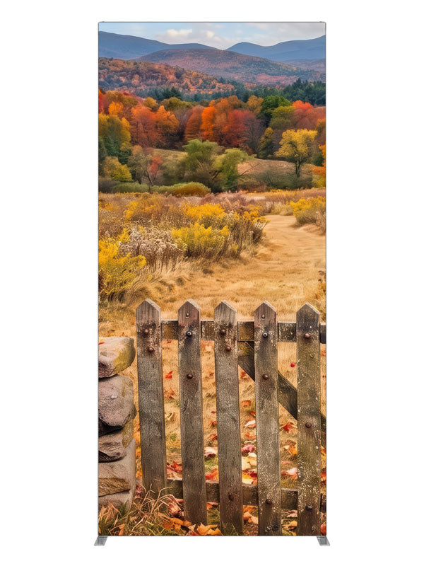 Weathered wooden gate opening to a golden autumn mountain meadow with a blazing tree line, 3ft photography backdrop panel for Denny StudioEdge silicone edge frame