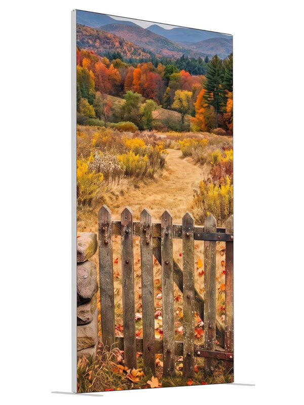 Weathered wooden gate opening to a golden autumn mountain meadow with a blazing tree line, 4ft photography backdrop panel for Denny StudioEdge silicone edge frame, angled view