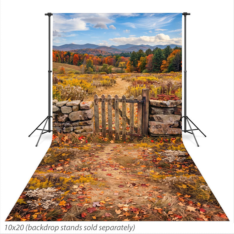 Meadow Gate Autumn Mountain Meadow Rustic Gate photography backdrop shown extending down onto the studio floor CP-9033