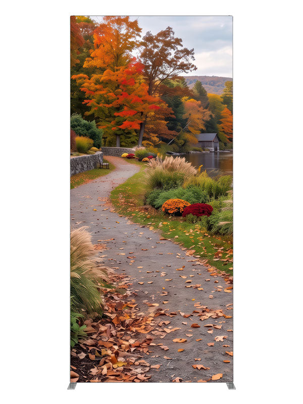 Curving riverside path along a low stone wall beneath peak autumn trees, 3ft photography backdrop panel for Denny StudioEdge silicone edge frame