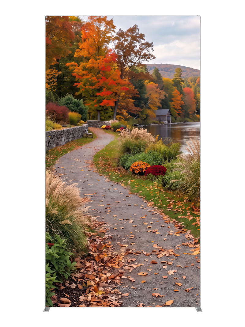 Curving riverside path along a low stone wall beneath peak autumn trees, 4ft photography backdrop panel for Denny StudioEdge silicone edge frame