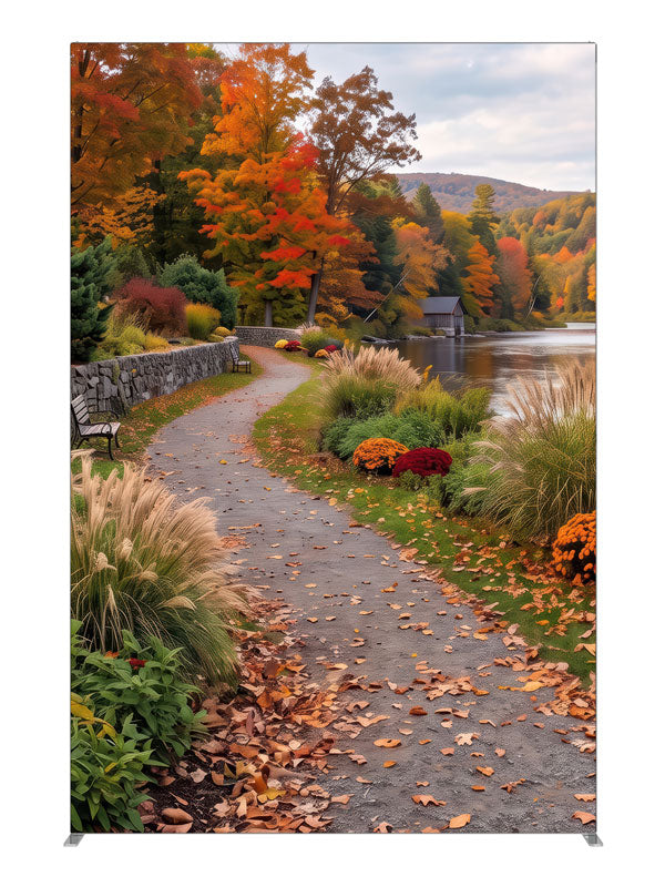 Curving riverside path along a low stone wall beneath peak autumn trees, 5ft photography backdrop panel for Denny StudioEdge silicone edge frame