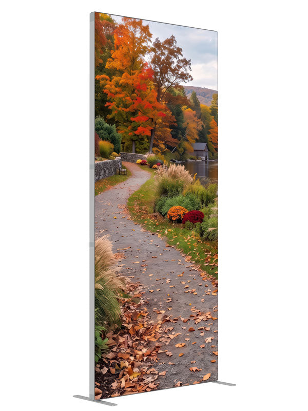 Curving riverside path along a low stone wall beneath peak autumn trees, 3ft photography backdrop panel for Denny StudioEdge silicone edge frame, angled view