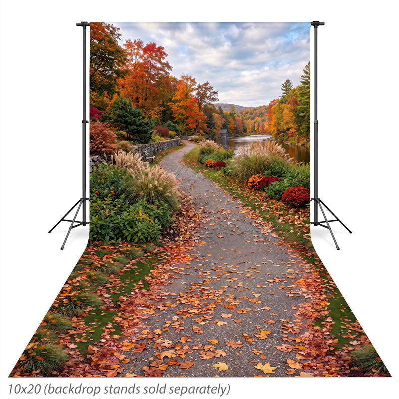 Riverbend Autumn Riverside Path with Stone Wall photography backdrop shown extending down onto the studio floor CP-9040