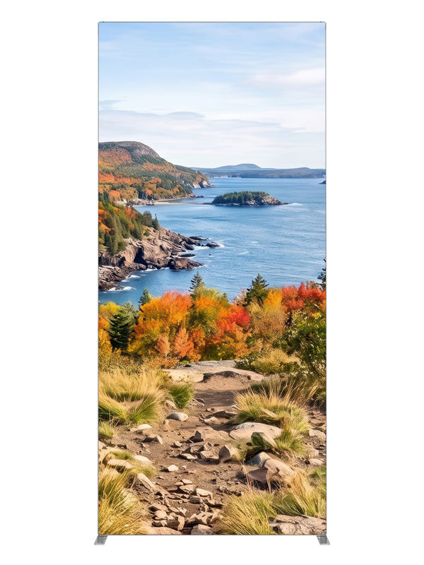 Rocky autumn coastline overlook above a deep blue island-dotted cove, 3ft photography backdrop panel for Denny StudioEdge silicone edge frame