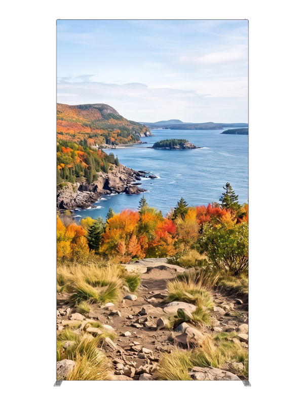 Rocky autumn coastline overlook above a deep blue island-dotted cove, 4ft photography backdrop panel for Denny StudioEdge silicone edge frame