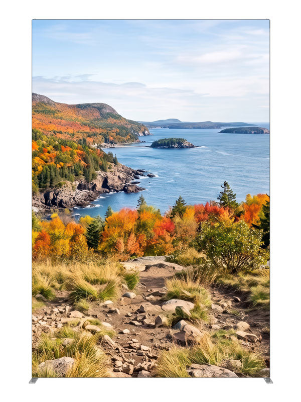 Rocky autumn coastline overlook above a deep blue island-dotted cove, 5ft photography backdrop panel for Denny StudioEdge silicone edge frame