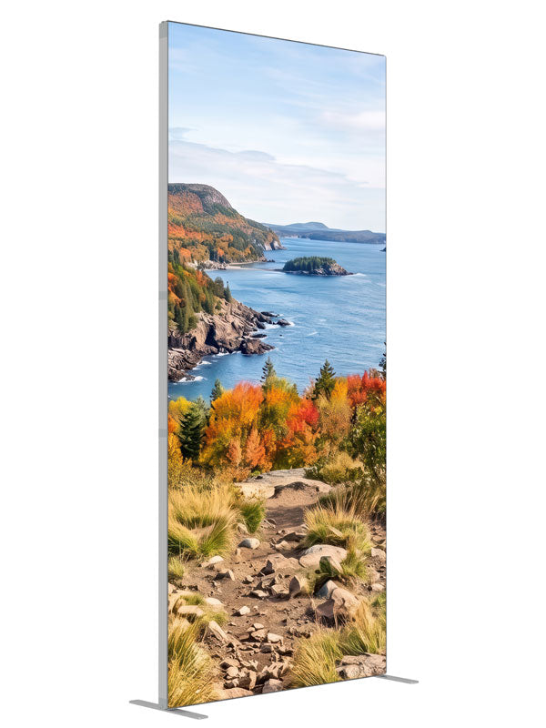 Rocky autumn coastline overlook above a deep blue island-dotted cove, 3ft photography backdrop panel for Denny StudioEdge silicone edge frame, angled view