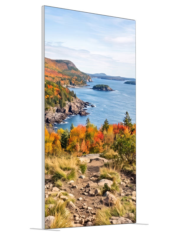 Rocky autumn coastline overlook above a deep blue island-dotted cove, 4ft photography backdrop panel for Denny StudioEdge silicone edge frame, angled view