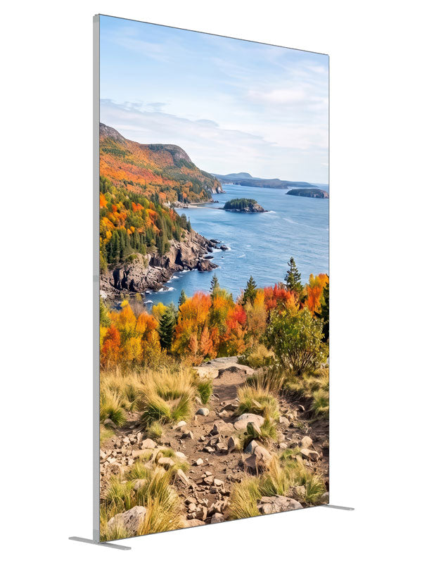 Rocky autumn coastline overlook above a deep blue island-dotted cove, 5ft photography backdrop panel for Denny StudioEdge silicone edge frame, angled view
