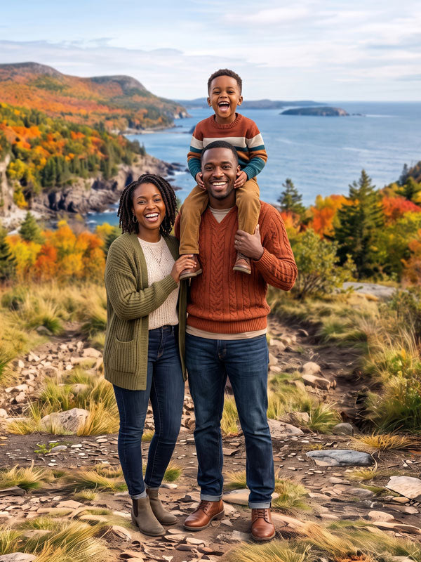 Autumn rocky coastline ocean overlook photography backdrop shown in a fall studio portrait with a family of three smiling on a rocky trail above the water CP-9038