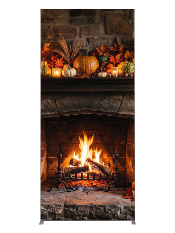 Rustic stone fireplace with a glowing fire and an autumn mantel of pumpkins and candles, 3ft photography backdrop panel for Denny StudioEdge silicone edge frame