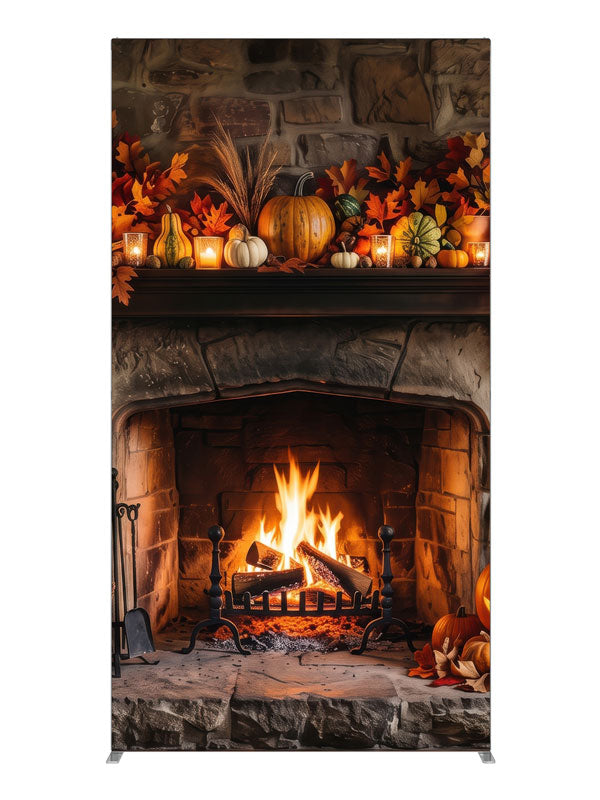 Rustic stone fireplace with a glowing fire and an autumn mantel of pumpkins and candles, 4ft photography backdrop panel for Denny StudioEdge silicone edge frame