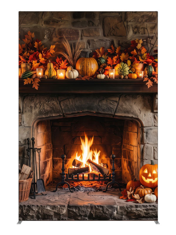Rustic stone fireplace with a glowing fire and an autumn mantel of pumpkins and candles, 5ft photography backdrop panel for Denny StudioEdge silicone edge frame