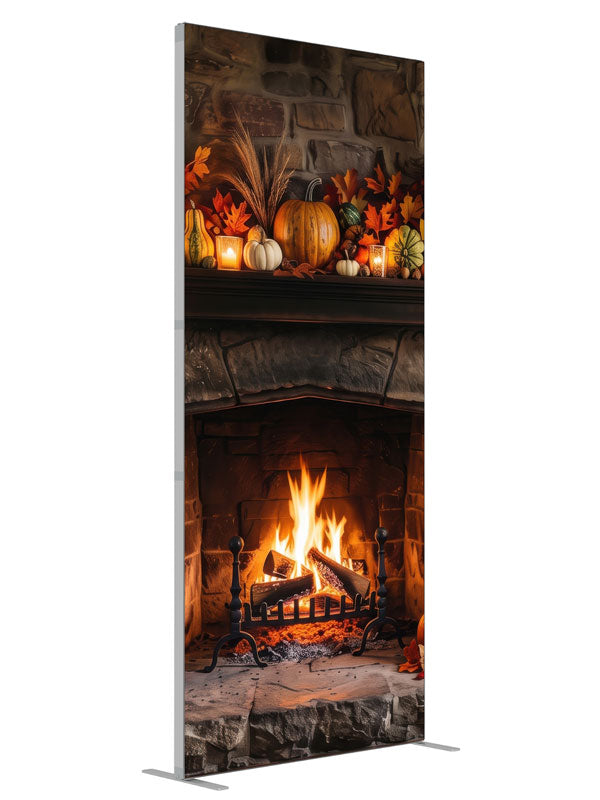 Rustic stone fireplace with a glowing fire and an autumn mantel of pumpkins and candles, 3ft photography backdrop panel for Denny StudioEdge silicone edge frame, angled view
