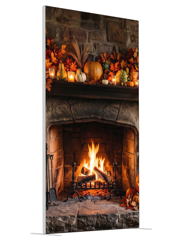 Rustic stone fireplace with a glowing fire and an autumn mantel of pumpkins and candles, 4ft photography backdrop panel for Denny StudioEdge silicone edge frame, angled view