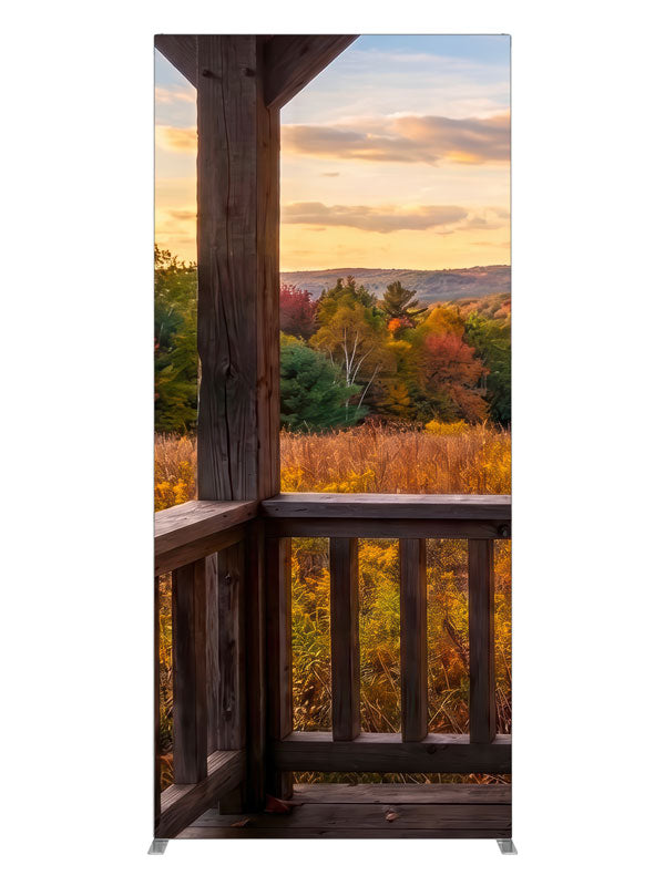 Rustic porch railing overlooking an autumn valley at golden sunset, 3ft photography backdrop panel for Denny StudioEdge silicone edge frame