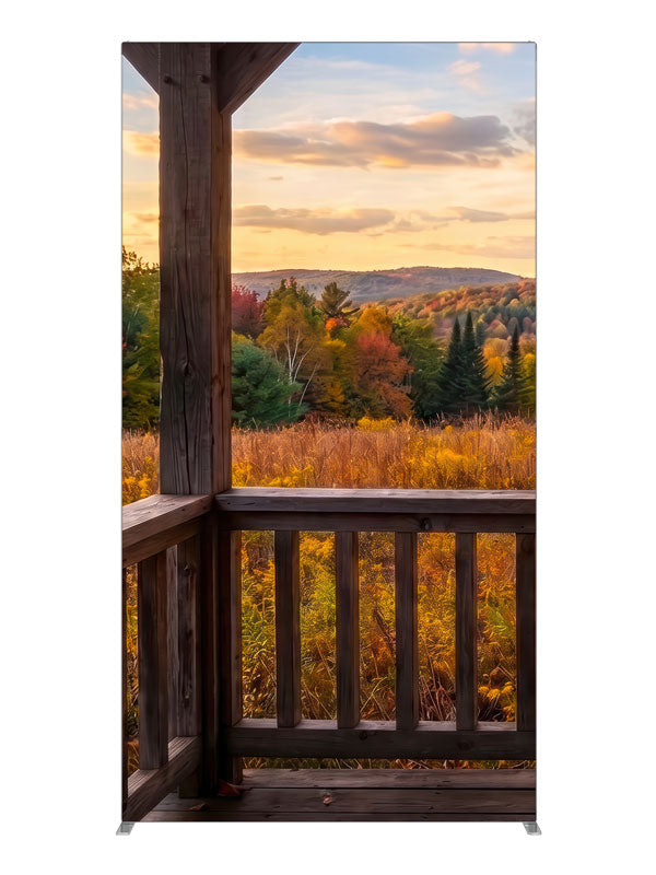Rustic porch railing overlooking an autumn valley at golden sunset, 4ft photography backdrop panel for Denny StudioEdge silicone edge frame
