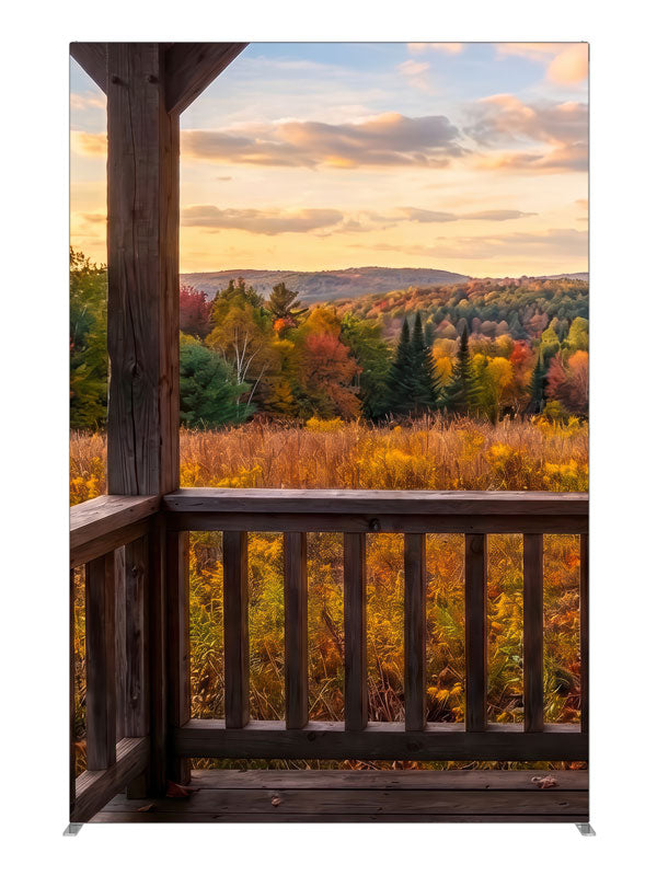 Rustic porch railing overlooking an autumn valley at golden sunset, 5ft photography backdrop panel for Denny StudioEdge silicone edge frame