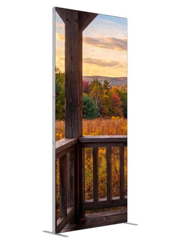 Rustic porch railing overlooking an autumn valley at golden sunset, 3ft photography backdrop panel for Denny StudioEdge silicone edge frame, angled view