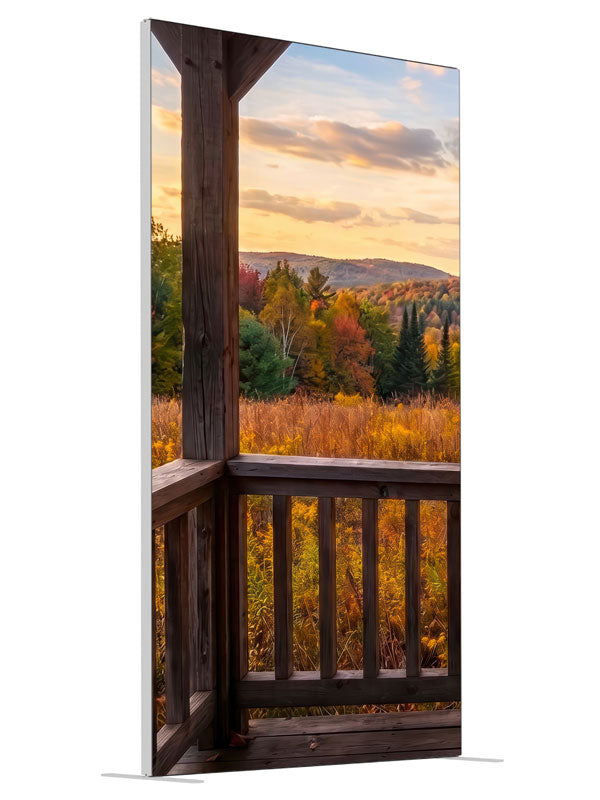 Rustic porch railing overlooking an autumn valley at golden sunset, 4ft photography backdrop panel for Denny StudioEdge silicone edge frame, angled view
