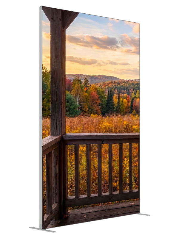 Rustic porch railing overlooking an autumn valley at golden sunset, 5ft photography backdrop panel for Denny StudioEdge silicone edge frame, angled view