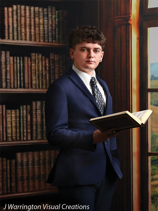 Benedict dark wood library bookcase photography backdrop shown with a senior in a navy suit holding an open book in a three-quarter portrait CP-8839