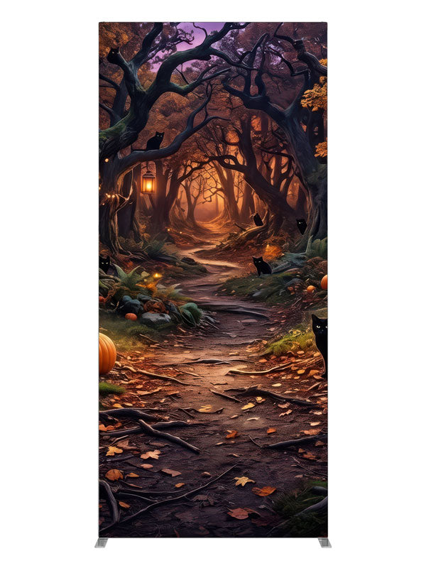 Illustrated twilight Halloween forest with glowing lanterns, pumpkins, and black cats, 3ft photography backdrop panel for Denny StudioEdge silicone edge frame