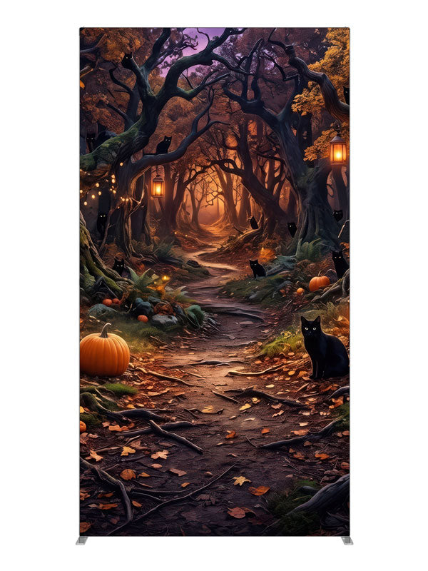 Illustrated twilight Halloween forest with glowing lanterns, pumpkins, and black cats, 4ft photography backdrop panel for Denny StudioEdge silicone edge frame