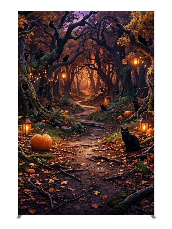 Illustrated twilight Halloween forest with glowing lanterns, pumpkins, and black cats, 5ft photography backdrop panel for Denny StudioEdge silicone edge frame