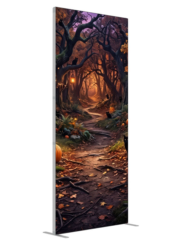 Illustrated twilight Halloween forest with glowing lanterns, pumpkins, and black cats, 3ft photography backdrop panel for Denny StudioEdge silicone edge frame, angled view