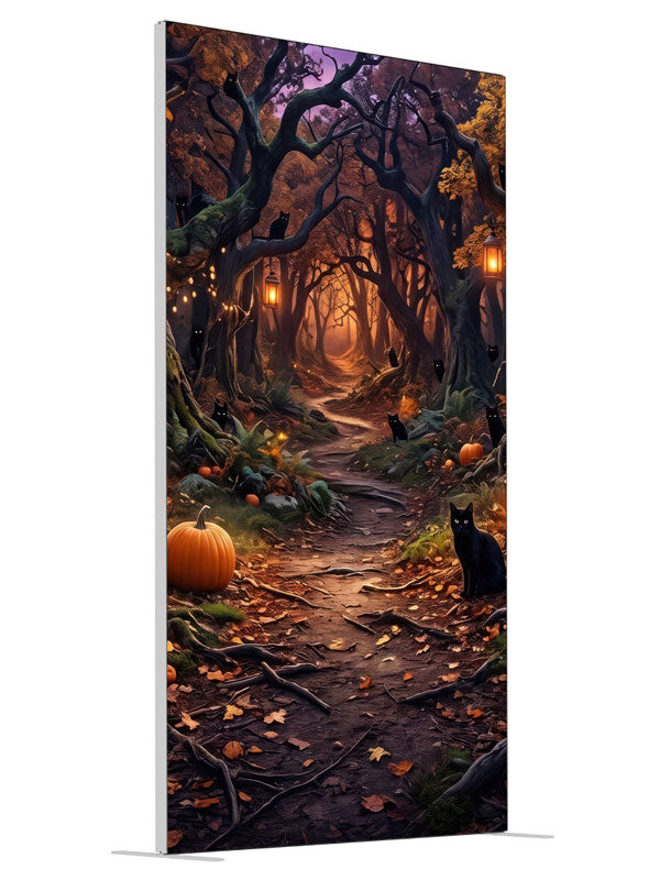 Illustrated twilight Halloween forest with glowing lanterns, pumpkins, and black cats, 4ft photography backdrop panel for Denny StudioEdge silicone edge frame, angled view