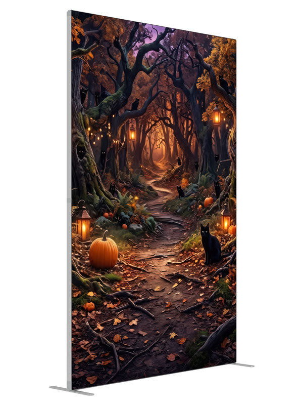 Illustrated twilight Halloween forest with glowing lanterns, pumpkins, and black cats, 5ft photography backdrop panel for Denny StudioEdge silicone edge frame, angled view