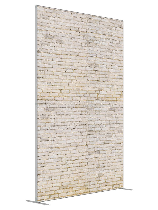 Bleached Brick Wall shown at an angled view, photography backdrop panel for Denny StudioEdge silicone edge frame, 5 ft