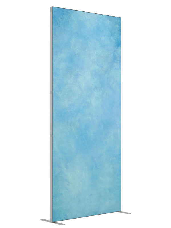 Blue Burlap shown at an angled view, photography backdrop panel for Denny StudioEdge silicone edge frame, 3 ft