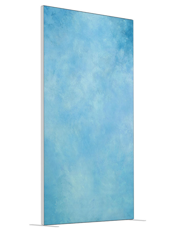 Blue Burlap shown at an angled view, photography backdrop panel for Denny StudioEdge silicone edge frame, 4 ft