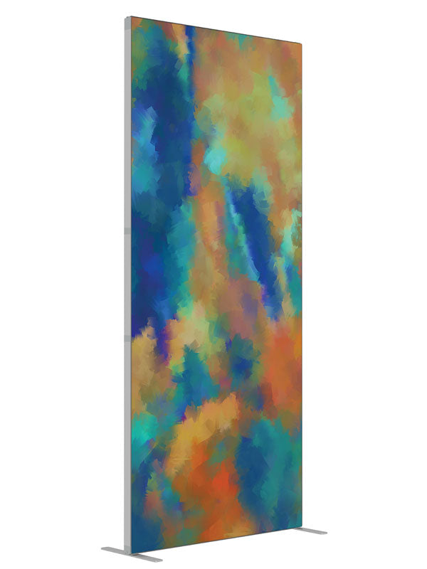 Blue gold pink watercolor shown at an angled view, photography backdrop panel for Denny StudioEdge silicone edge frame, 3 ft