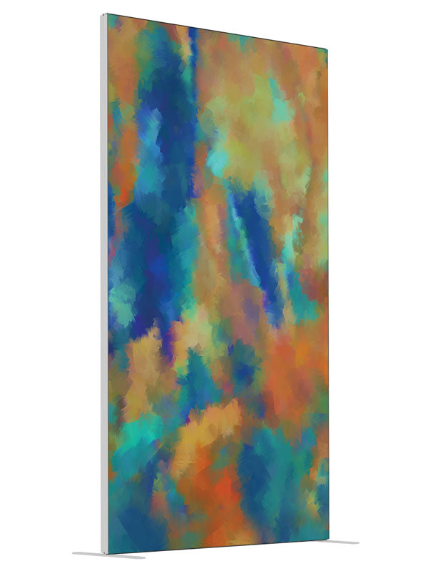 Blue gold pink watercolor shown at an angled view, photography backdrop panel for Denny StudioEdge silicone edge frame, 4 ft
