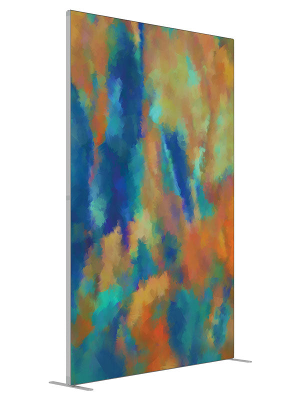 Blue gold pink watercolor shown at an angled view, photography backdrop panel for Denny StudioEdge silicone edge frame, 5 ft
