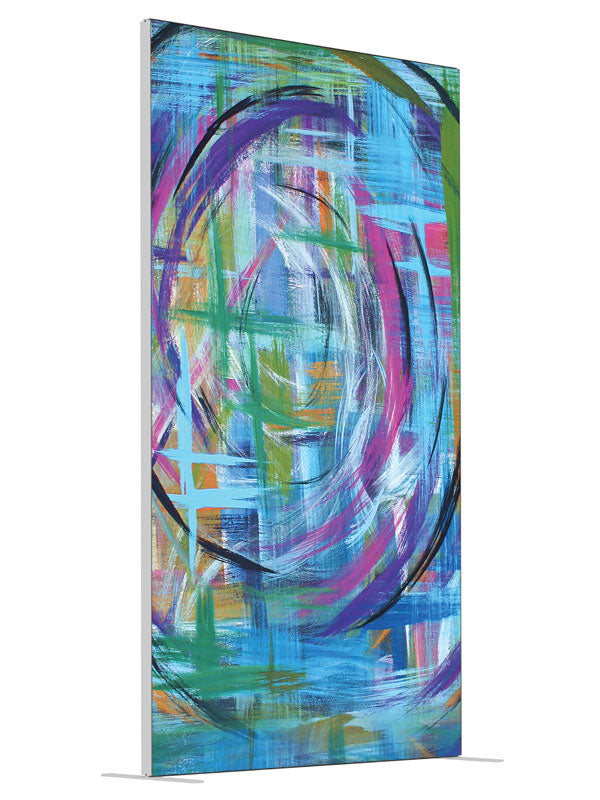 Blue green purple spiral shown at an angled view, photography backdrop panel for Denny StudioEdge silicone edge frame, 4 ft