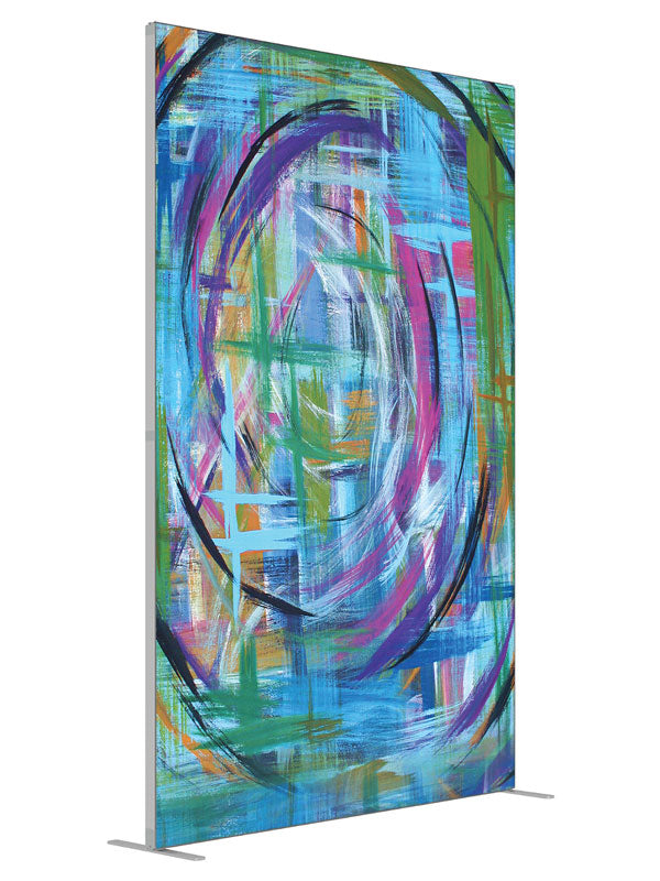 Blue green purple spiral shown at an angled view, photography backdrop panel for Denny StudioEdge silicone edge frame, 5 ft