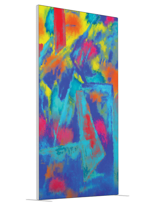 Blue magenta gold angular brushwork shown at an angled view, photography backdrop panel for Denny StudioEdge silicone edge frame, 4 ft