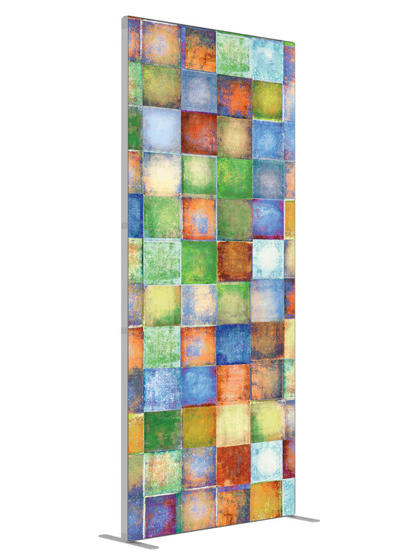 Blue Paper Squares shown at an angled view, photography backdrop panel for Denny StudioEdge silicone edge frame, 3 ft