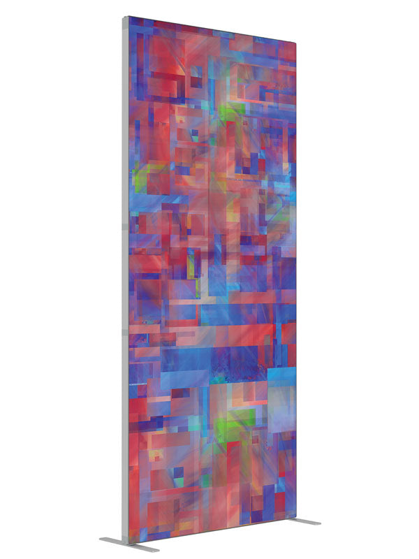 Blue red purple woven plaid shown at an angled view, photography backdrop panel for Denny StudioEdge silicone edge frame, 3 ft
