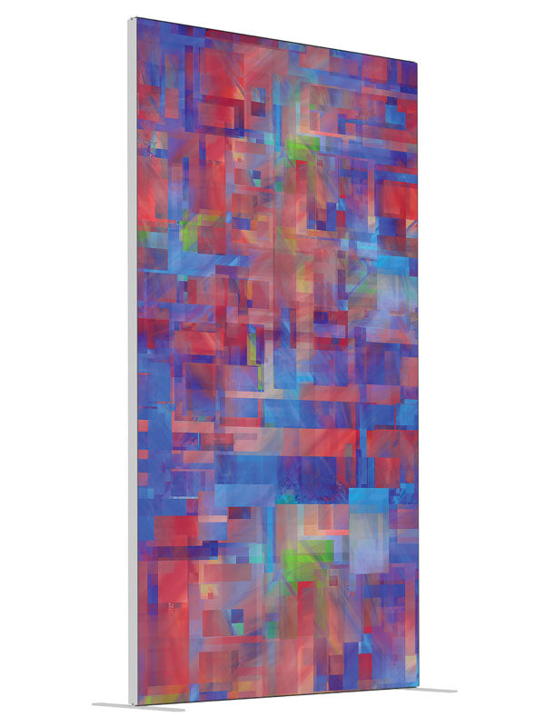 Blue red purple woven plaid shown at an angled view, photography backdrop panel for Denny StudioEdge silicone edge frame, 4 ft
