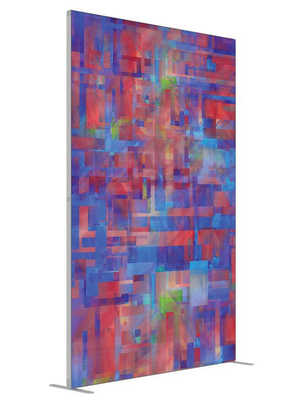 Blue red purple woven plaid shown at an angled view, photography backdrop panel for Denny StudioEdge silicone edge frame, 5 ft